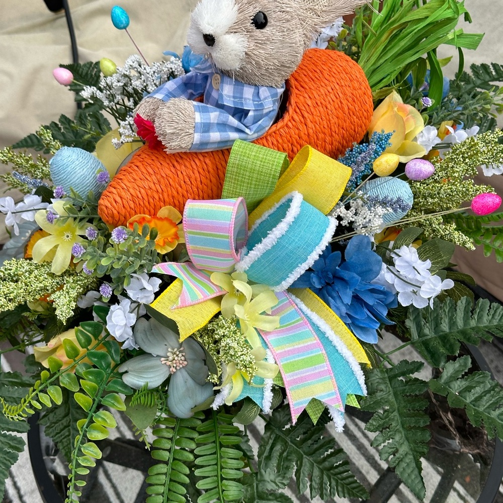 Easter Bunny Floral Arrangement with Colorful Ribbons
